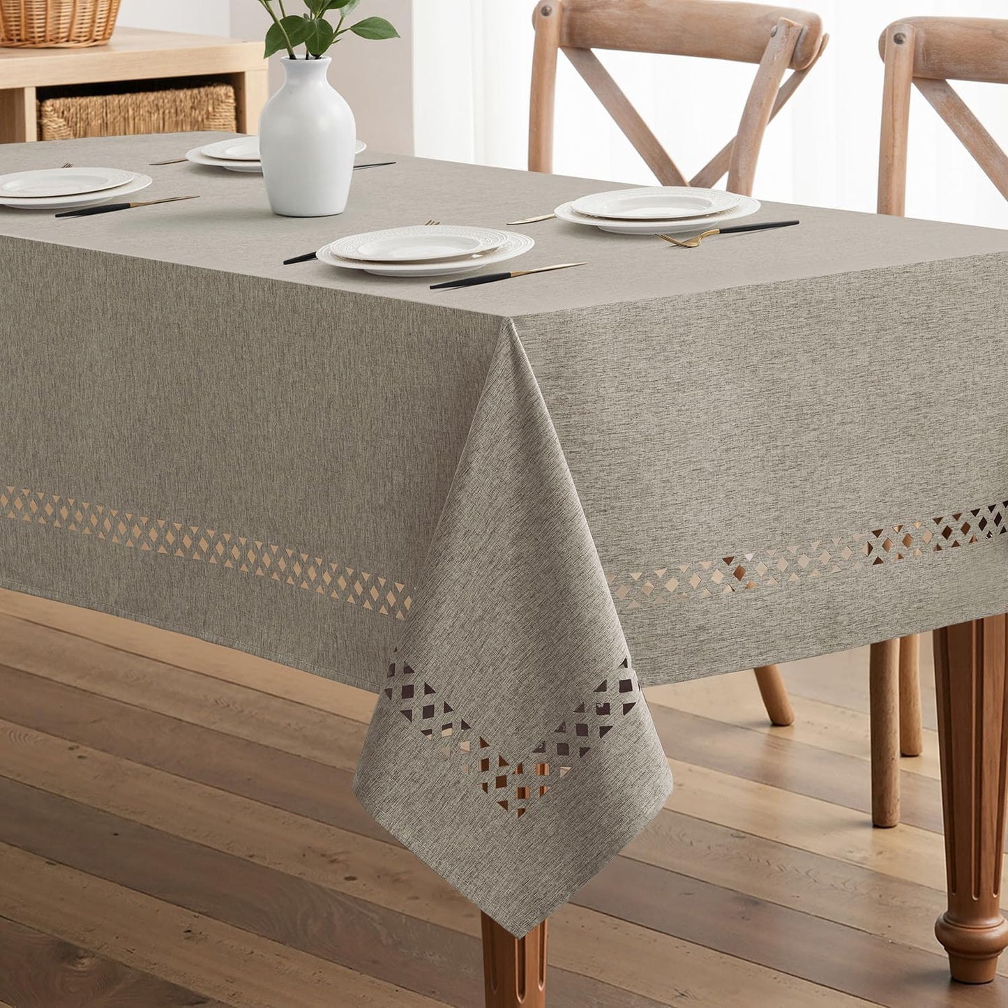 MIULEE Beige Rectangle Linen Polyester Tablecloth with Decorative Cutouts Spring Waterproof Stain Resistant & Shrink-Proof Table Cloth 52x70 inch Farmhouse Style for Dining Wedding and Outdoor