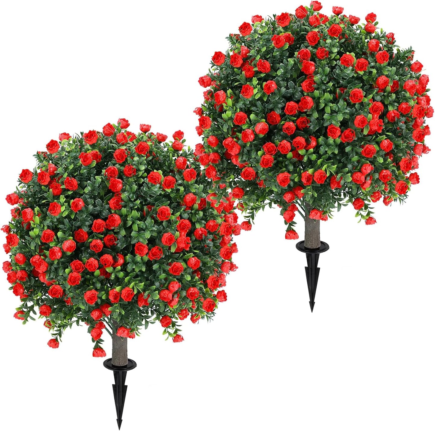 Artificial Red Eucalyptus Topiary Ball Tree 24" with Ground Spike, Set of 2 Artificial Boxwood Bushes for Faux Shrubs, Fake Evergreen Faux Plant for Indoor Outdoor Garden -UV Resistant–Fade-Proof