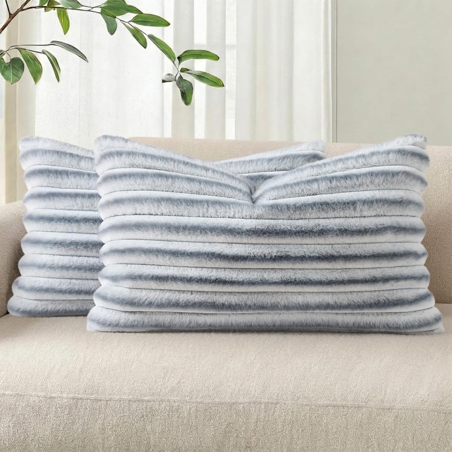 Pallene Faux Fur Plush Throw Pillow Covers 18x18 Set of 2, Luxury Soft Fluffy Striped Decorative Pillow Covers for Sofa, Couch, Living Room, Cream White