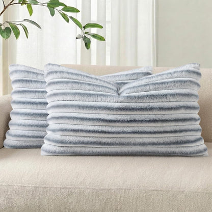 Pallene Faux Fur Plush Throw Pillow Covers 18x18 Set of 2, Luxury Soft Fluffy Striped Decorative Pillow Covers for Sofa, Couch, Living Room, Cream White