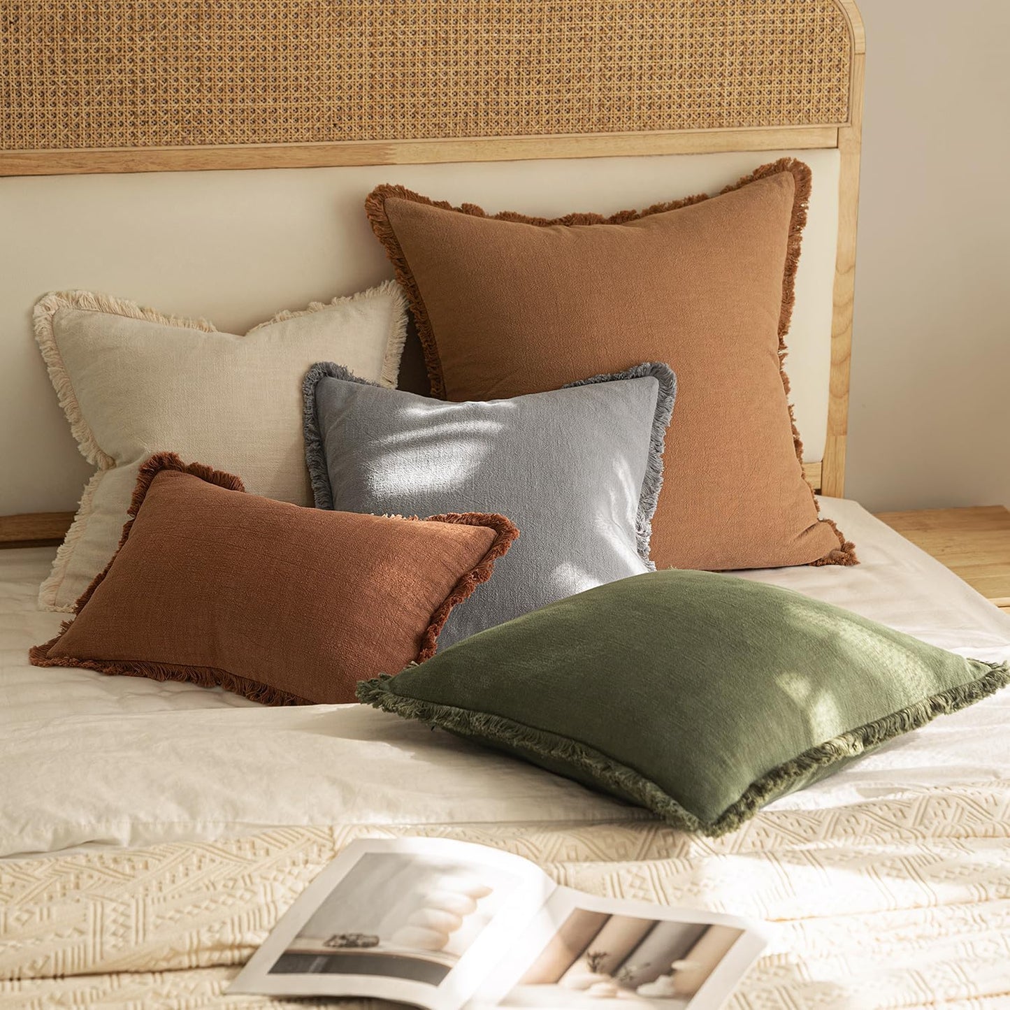 MIULEE Decorative Throw Pillow Covers Neutral Linen Fringe Throw Pillows Set of 2 Natural Beige Boho Farmhouse Cushion Covers with Tassels for Couch Sofa Bed Spring Home Decor 20x20 Inch
