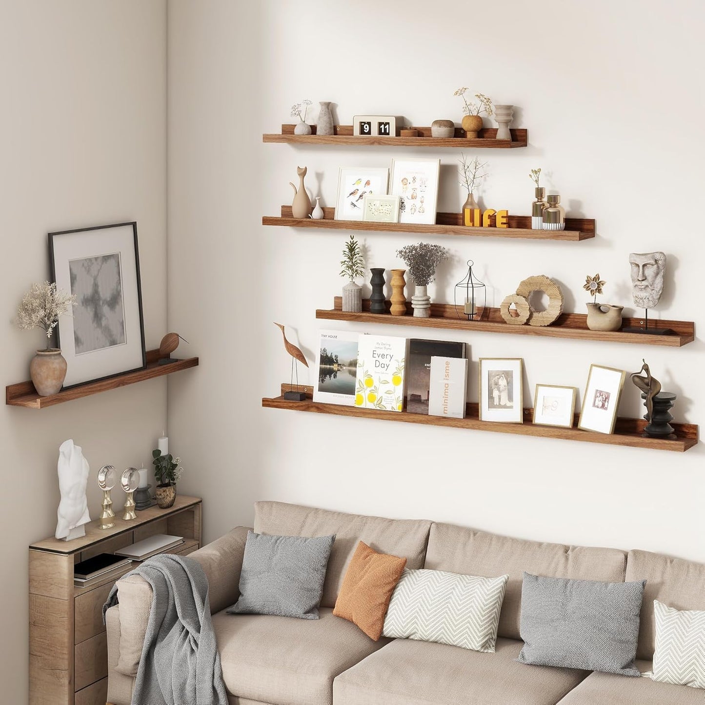 FLYJOE Picture Ledge Shelf, Floating Shelves Set of 2, 48 Inches Long Large Nursery Book Shelves for Toys Storage, Kids Bookshelf Wall Mounted for Living Room Bedroom Decor Books Photo Frames, Walnut