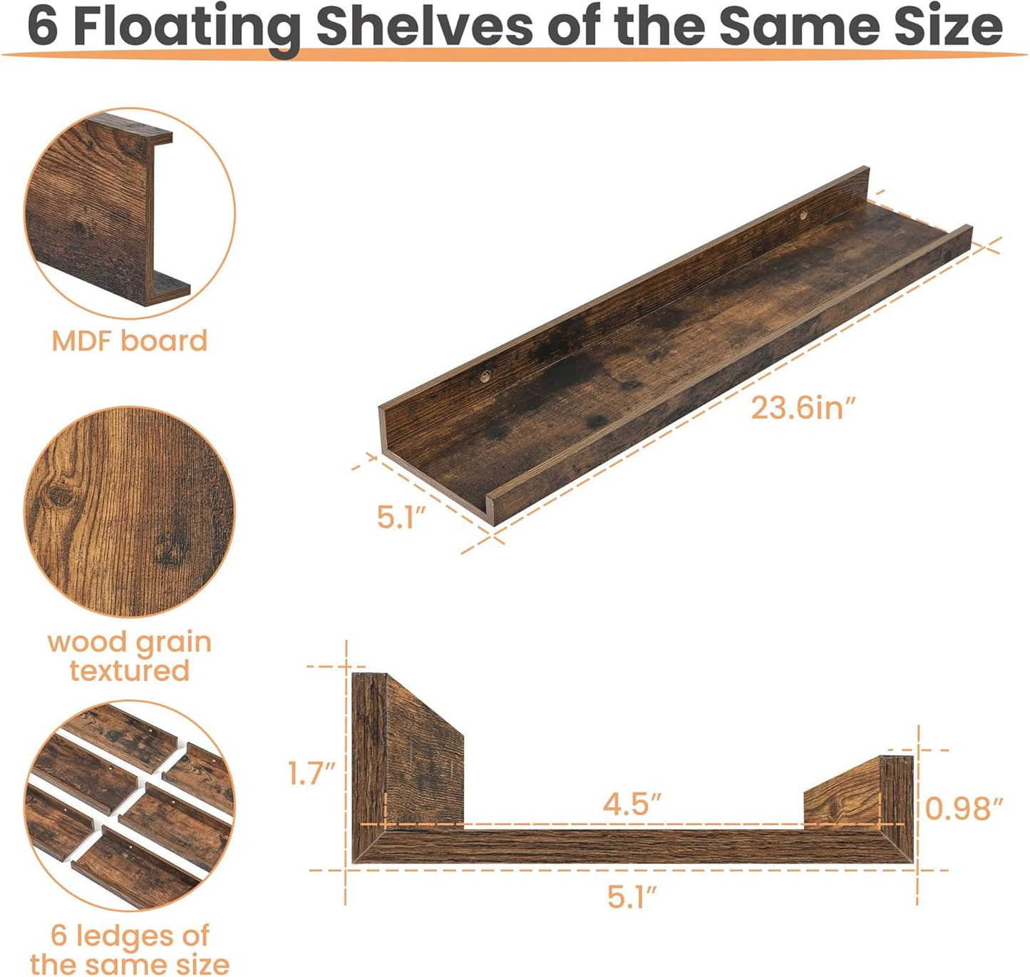 upsimples 6 Pack Wooden Floating Shelves, Wall Storage Decor Shelf for Bathroom, Bedroom, Living Room, Kitchen, Office and Laundry Room, Wall Mounted Display Hanging Shelf, Brown