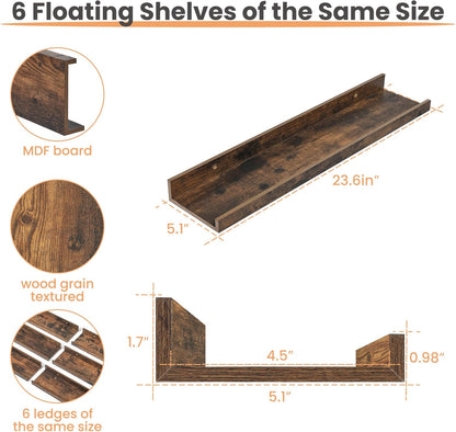 upsimples 6 Pack Wooden Floating Shelves, Wall Storage Decor Shelf for Bathroom, Bedroom, Living Room, Kitchen, Office and Laundry Room, Wall Mounted Display Hanging Shelf, Brown