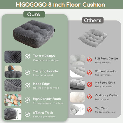 HIGOGOGO 6" Extra Thick Floor Pillow Cushion for Adults, Meditation Cushion Pillow, Large Square Floor Sitting, Tufted Corduroy Cover, for Tatami Living Room or Yoga, 22x22 Inch, 2Pack, Dark Grey