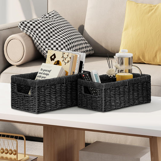 Vagusicc Wicker Storage Basket, Set of 2 Hand-Woven Paper Rope Wicker Baskets for Organizing Decor Storage Bins for Counter Shelves Pantry Basket Small Toilet Paper Basket for Toilet Tank Top, Natural