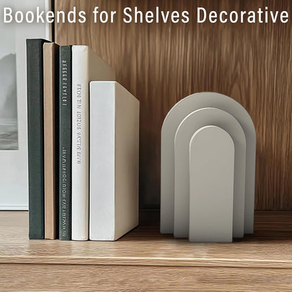 LIN CHUAN Heavy Duty Bookends for Shelves, 6.6 LBS Heavy Book Ends for Heavy Books, Decorative Modern Bookends with Faux Sandstone Look, Layered Arch Book Stopper for Bookshelf Holder Set of 2, Beige