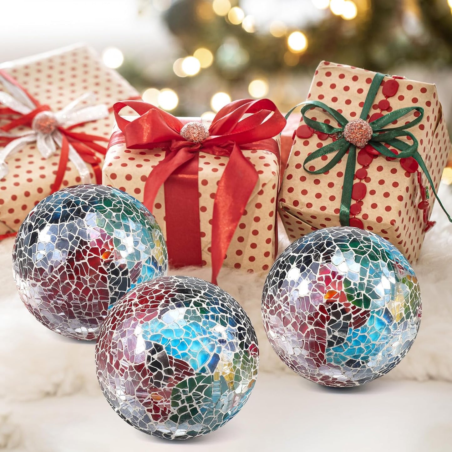 3Pcs Mosaic Glass Orbs Decorative Balls Set 8.5cm/3.35inch Blue Sphere Wedding Party Home Decor Table Centerpiece