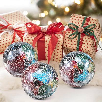 3Pcs Mosaic Glass Orbs Decorative Balls Set 8.5cm/3.35inch Blue Sphere Wedding Party Home Decor Table Centerpiece