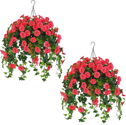 Waipfaru Artificial Hanging Baskets with Flowers, Fake Hanging Plants Outdoors, Urn Fillers for Outside Summer Decor (Fuchsia)