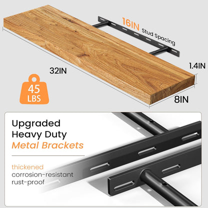 Floating Shelves 36 Inches Long - 8 Inch Deep Rustic Premium Solid Pine Wood for Storage - Farmhouse Wall Mounted for Living Room - Heavy-Duty Metal Bracket - 36" W x 8" D - Set of 2 - White Color