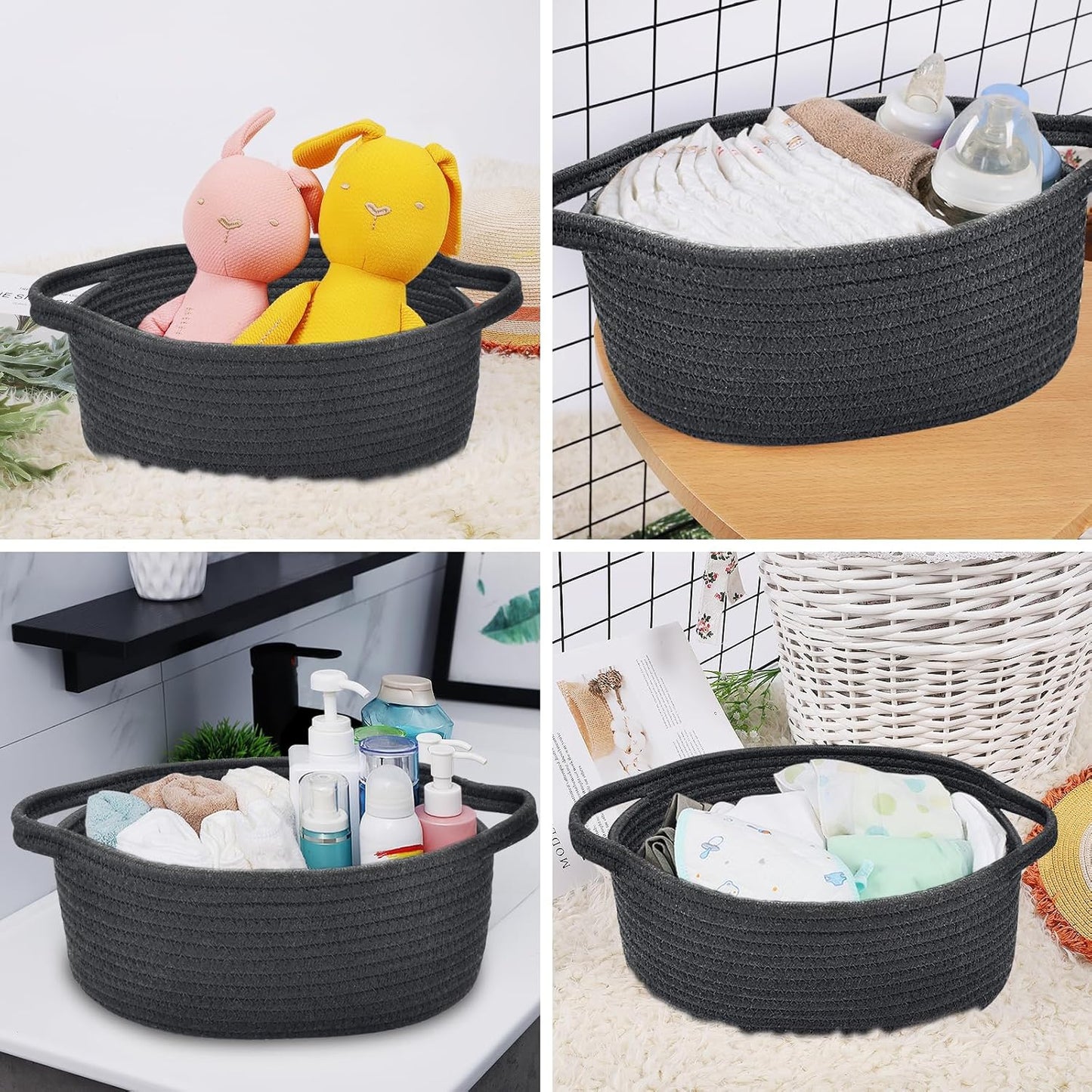 ABenkle Small Basket with Handles, Boho Decorative Rope Woven Dog Cat Toy Storage Bin Shelf Storage Organizer, Easter Christmas Gift Basket, 12"x8"x5", White