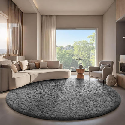 Ophanie Round Rugs 5Ft Ivory Circle Area Rug, Nursery Room Decor, Christmas Aesthetic Bedroom Home Circular Carpet 5 Foot, Fluffy Fuzzy Shag Plush Cream Living Room Rugs for Kids Boys Girls Teen Baby
