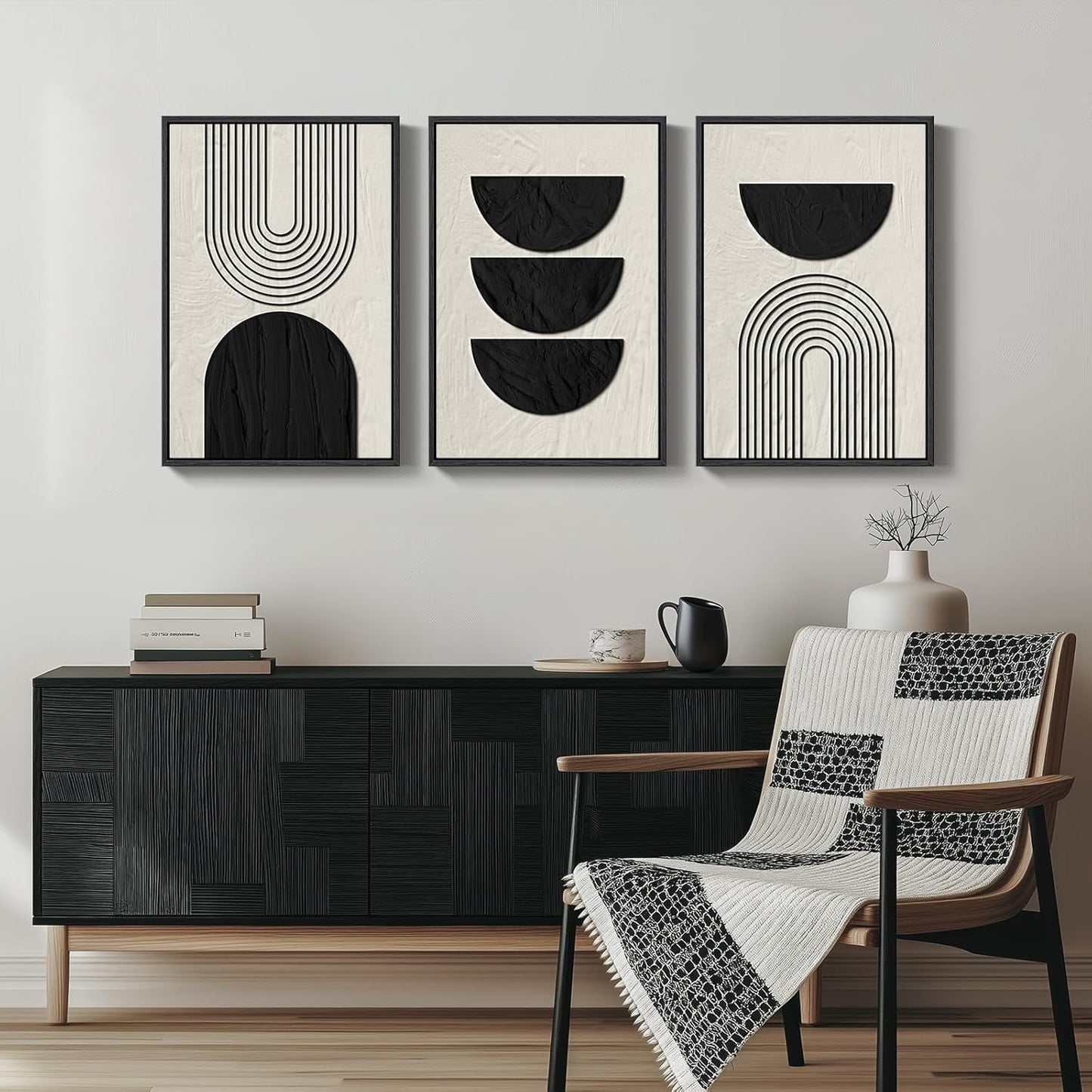Large Framed Black and White Abstract Wall Art for Living Room, 3 Piece Big Modern Canvas Prints Paintings Artwork for Walls, Minimalist Abstract Art Pictures for Hallway, Office Wall Decor 24x36 In