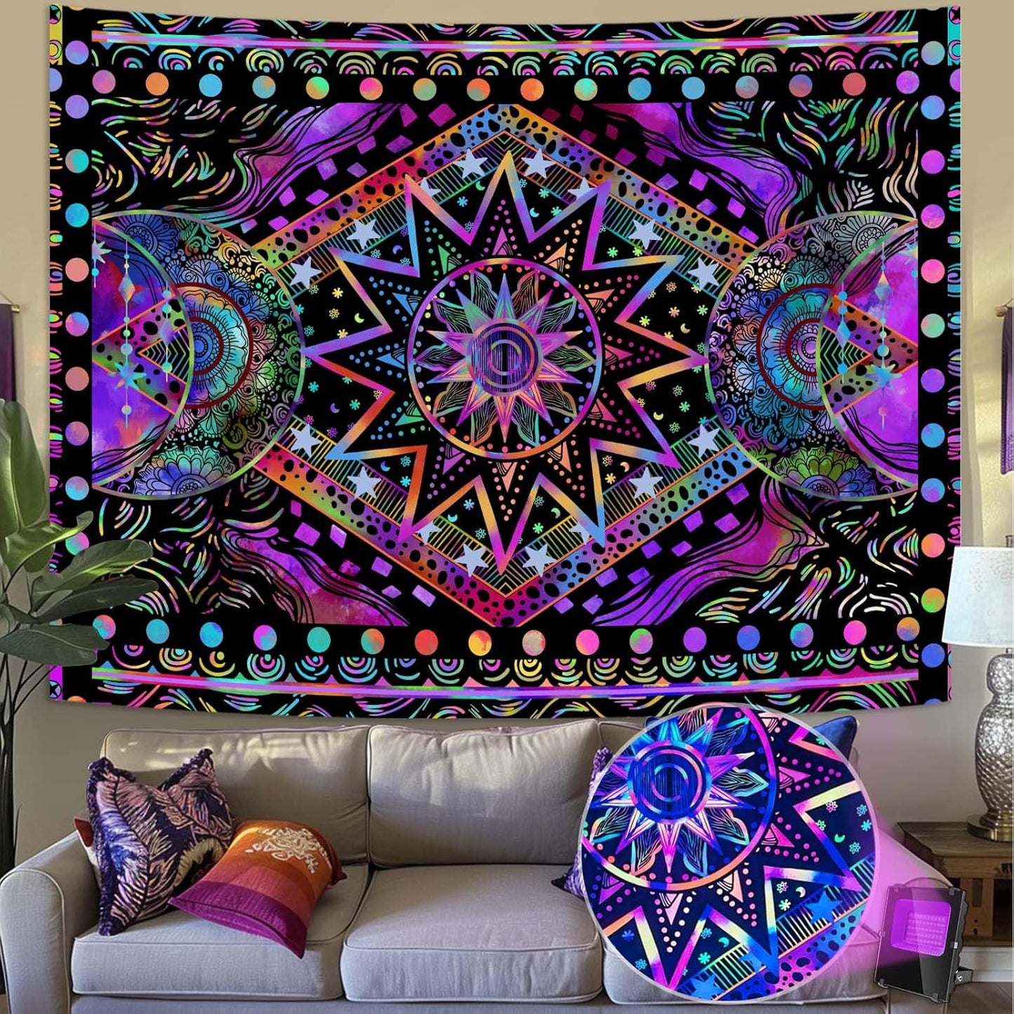 Fowocu Orange Sun and Moon Tapestry Wall Hanging, Indie Hippie Mandala Cool Wall Tapestries, Aesthetic Tapestry for Bedroom Living Room Dorm (Orange, 30'' × 40'')