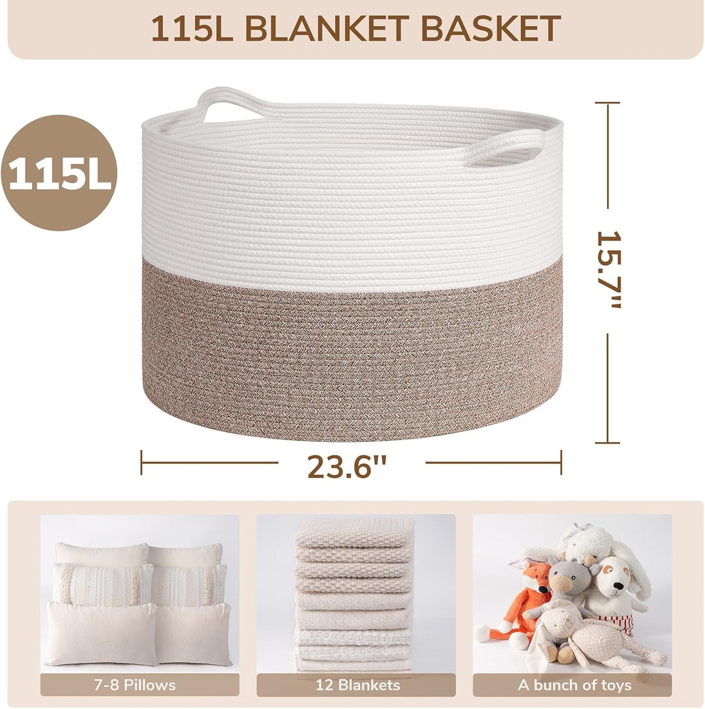 INDRESSME XXXLarge Blanket Basket for Living Room 21.7" x 21.7" x 13.8"-Storage Basket with Handle for Organizing Toy Pillows Woven Cotton Rope Laundry Basket Stuffed Animal Toy Storage for Play Room