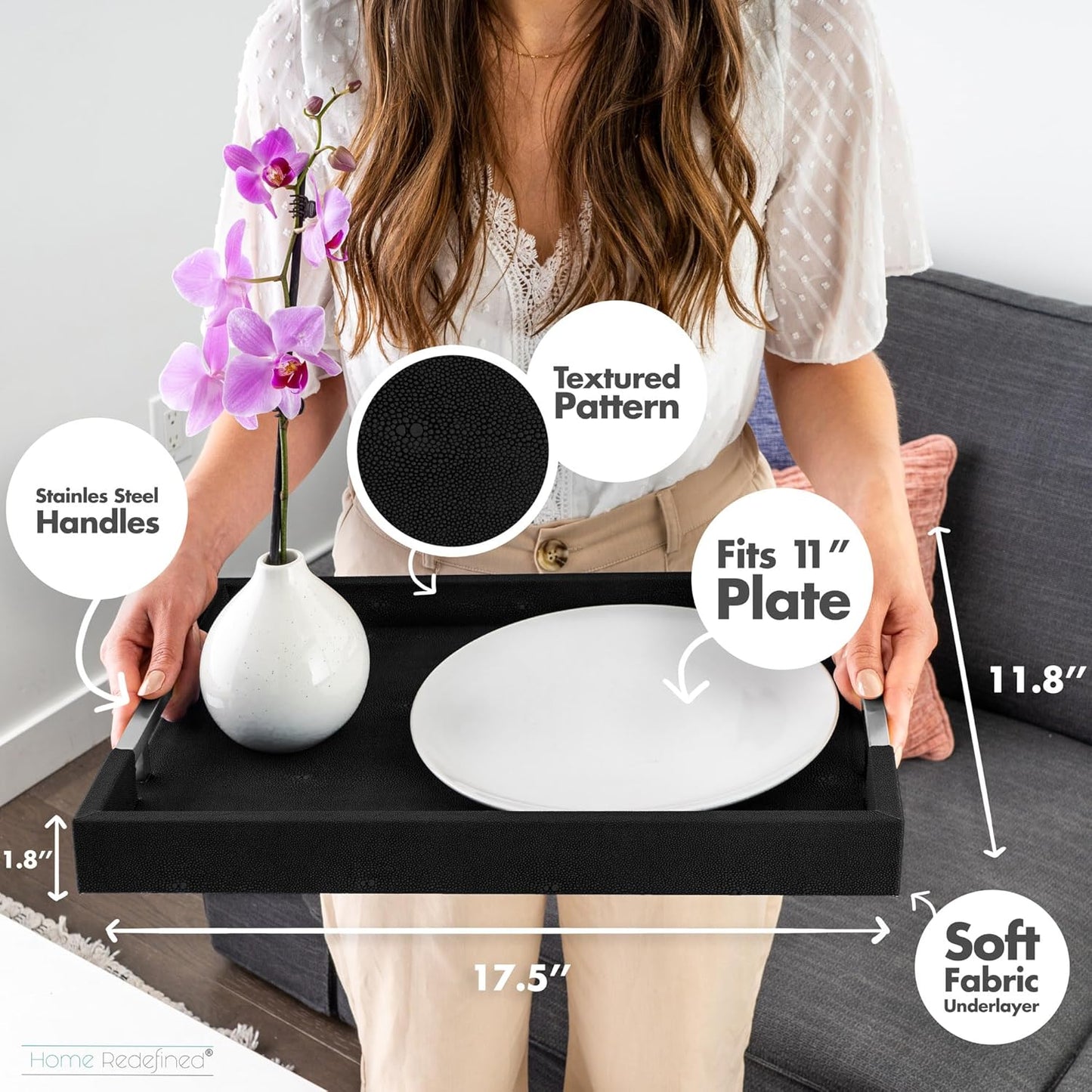 Home Redefined Beautiful Modern Elegant 17.5"x12" Rectangle Classic Black Faux Leather Decorative Tray Ottoman Coffee Table Perfume Living Room Kitchen Serving Tray with Handles for All Occasion's