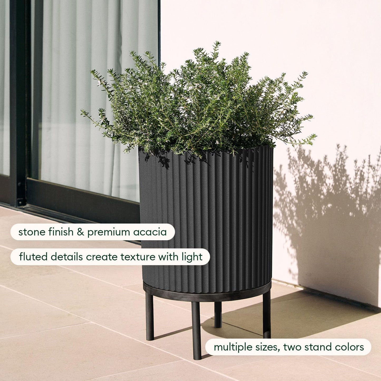 Veradek Demi Series Round Planter w/ Stand for Porch/Patio | Durable Plastic-Concrete & Wooden Stand | Modern Décor for Tall Plants, Flowers