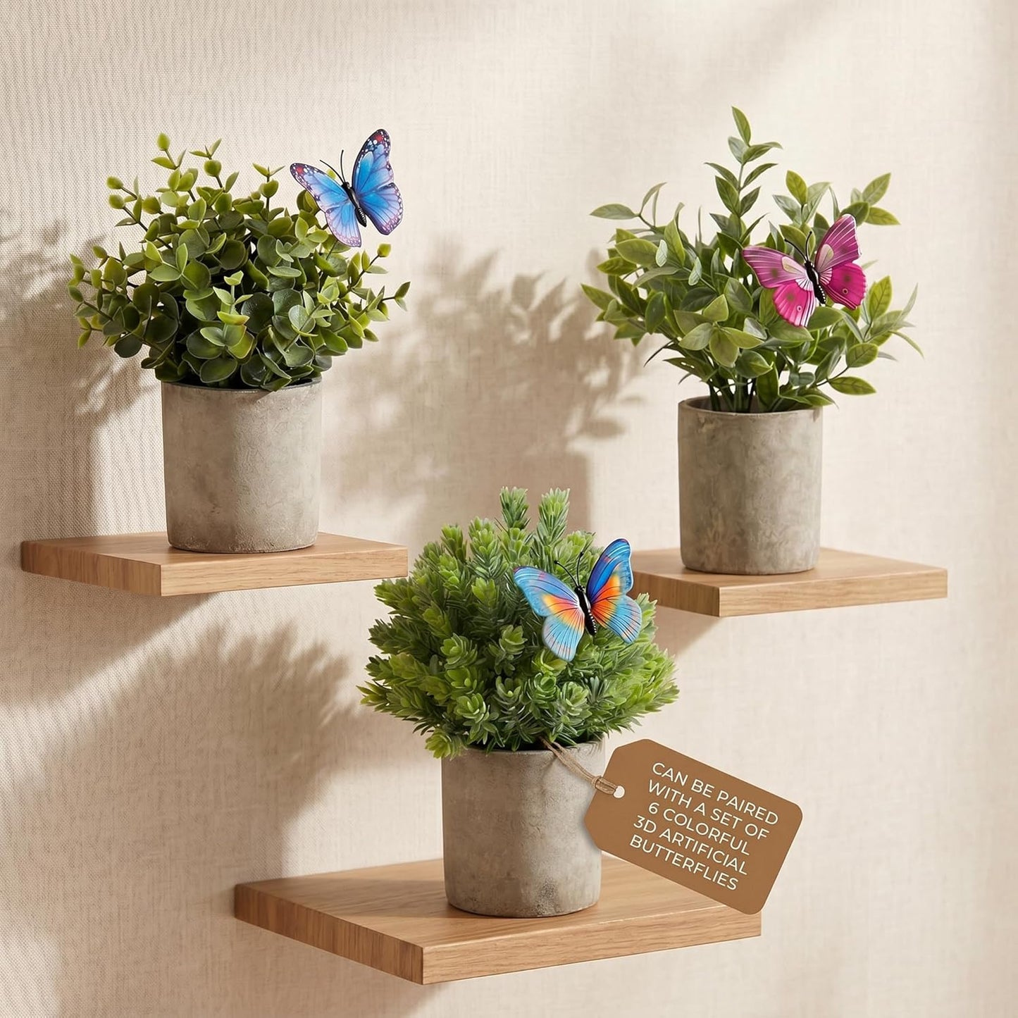 3 Pack Mini Potted Fake Plants Artificial Eucalyptus & Greenery Topiaries with 6 Butterflies,Artificial Plants for Shelf Desk Home Bathroom Farmhouse Room Coffee Table Decor