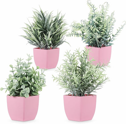 4pcs Fake Small Plants, Artificial Greenery Potted Plant for Home Office Decor, Small Faux Gray Grass Eucalyptus for Bathroom Plants Decoration, Mini Plant Potted Table Shelf Decoration