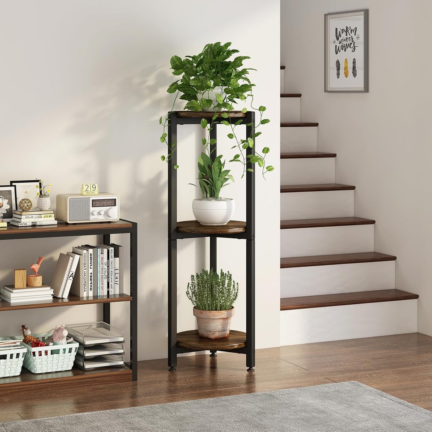 Plant Stand Indoor Corner Tall 2 Tier Metal Modern Flower Storage Plant Shelf Holder for Living Room Balcony Garden,Black (2 Tier-Black Round)