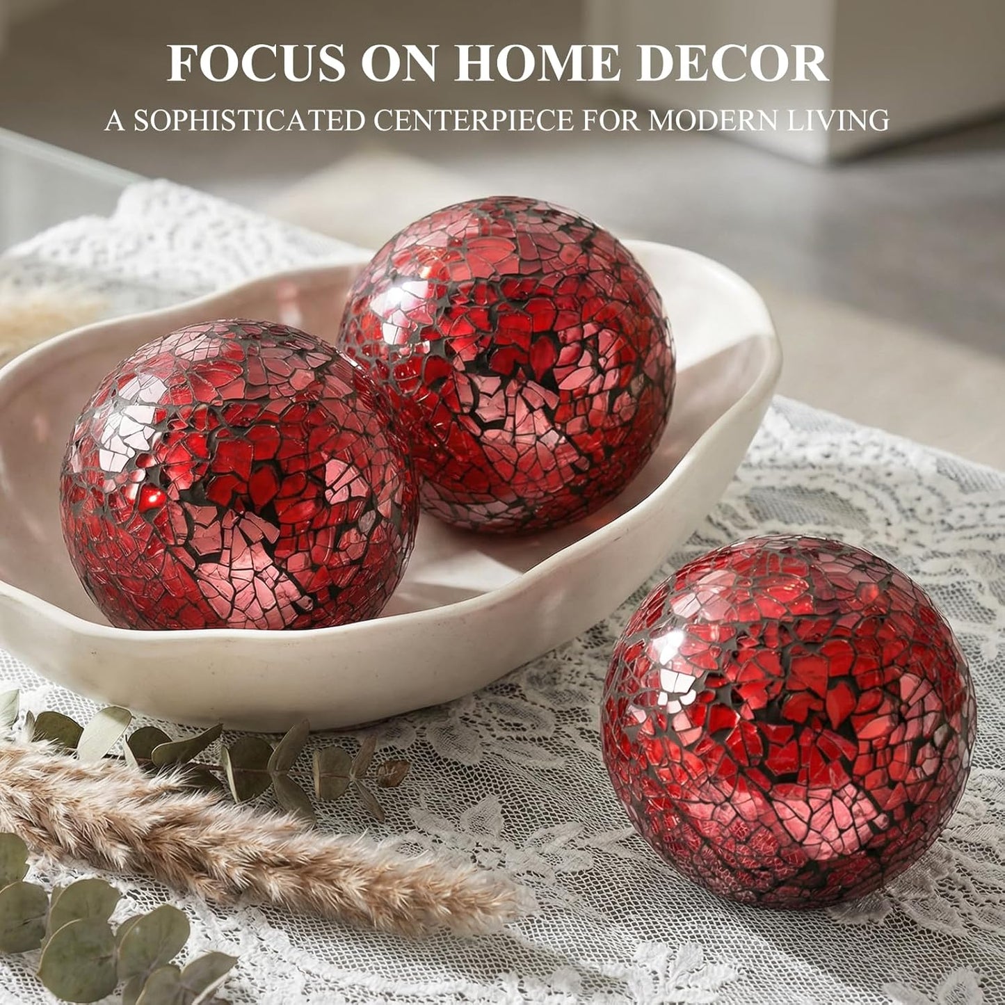 DomeStar 3PCS Decorative Balls for Bowls, 3 Inch Dark Red Orbs Glass Balls for Centerpiece Bowls Mosaic Sphere for Home Decoration Dining Table