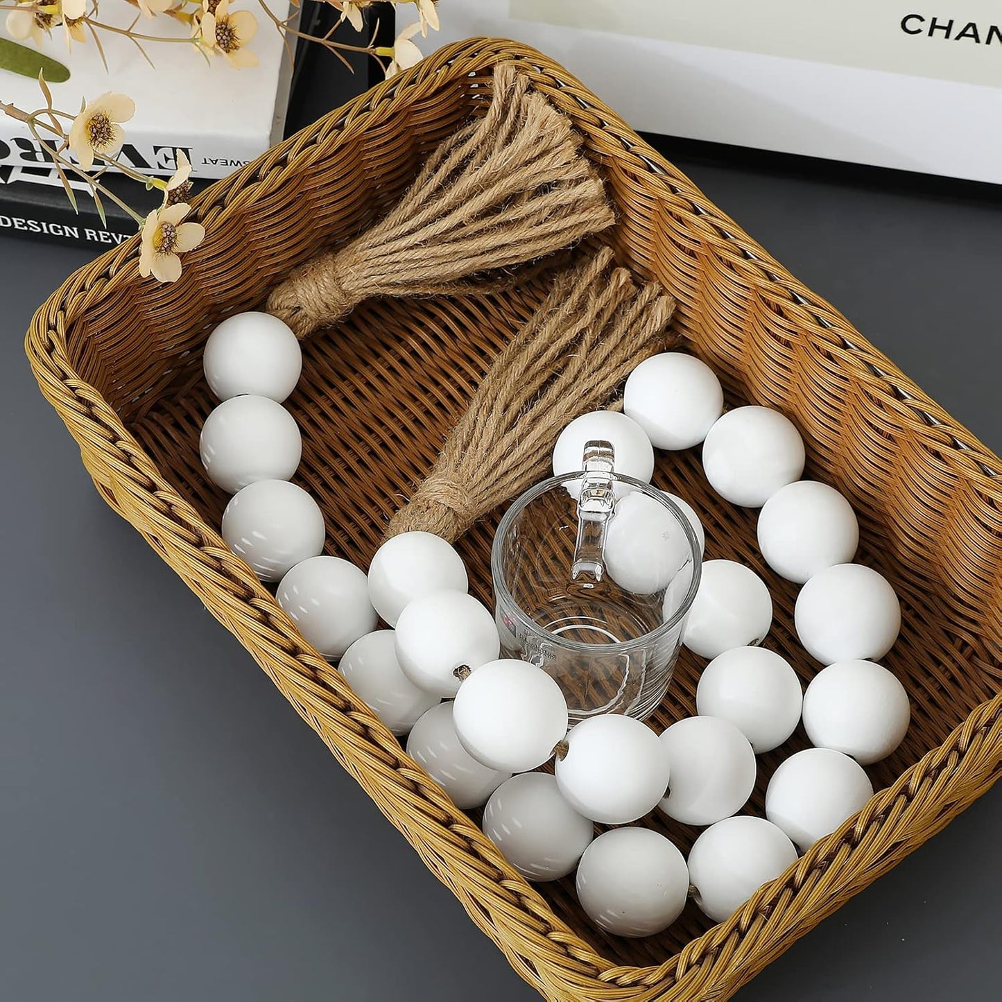 Farmhouse Decor Large Wood Bead Garland 50inch long with 1.6" Diameter beads, Natural Wooden Beads Decor with Tassels Decorative Boho Country Decoration for Coffee Table Home Tiered Tray Wall Hanging