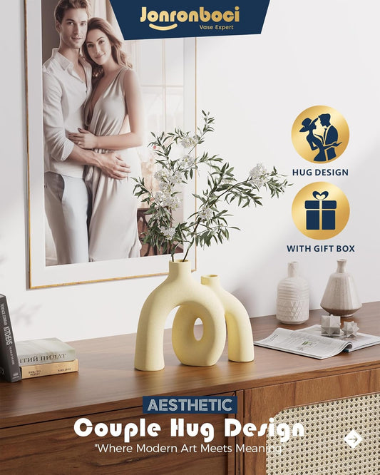 Hug Donut Decorative Vase Set - Modern Nordic Boho Style Vases Home Decor, Matte Ceramic Decorations for Living Room Shelf, Bookshelf Mantle Entryway Table or Console Décor (Cream White)