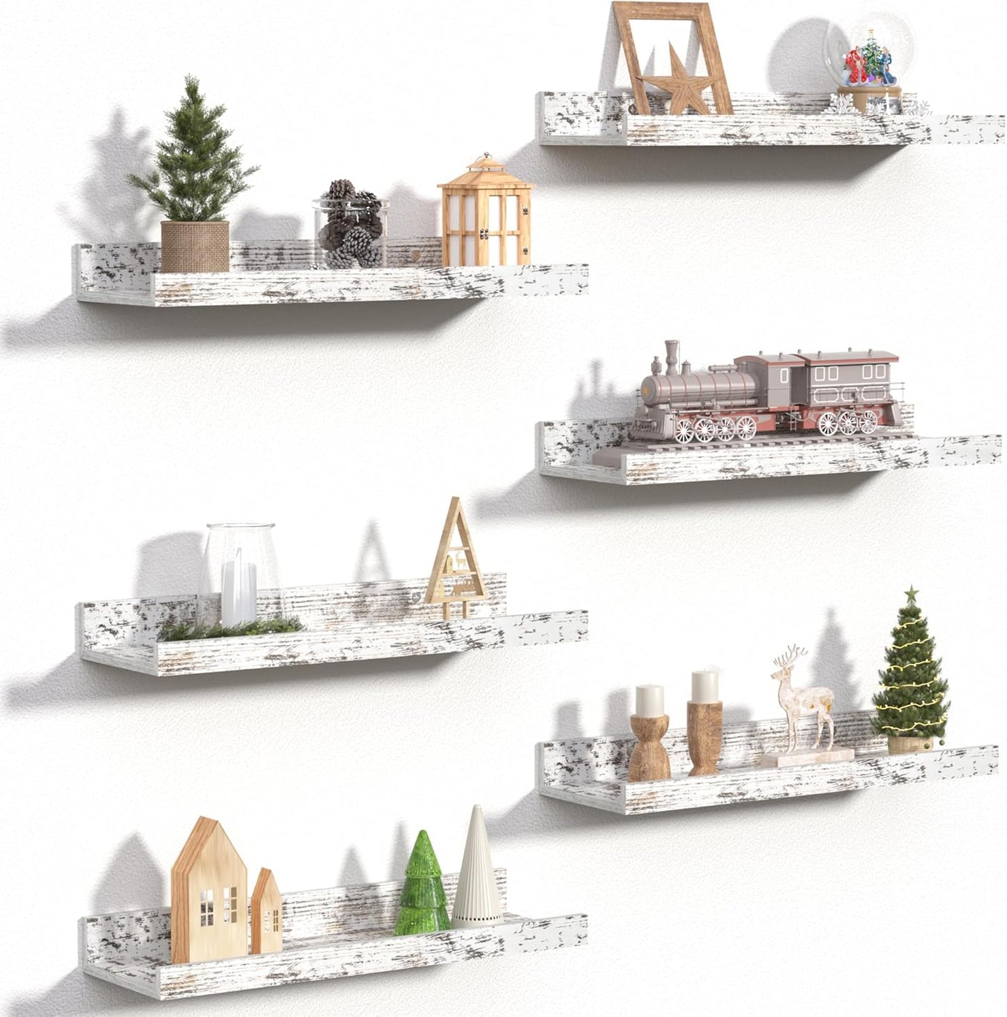 upsimples 6 Pack Wooden Floating Shelves, Wall Storage Decor Shelf for Bathroom, Bedroom, Living Room, Kitchen, Office and Laundry Room, Wall Mounted Display Hanging Shelf, Brown