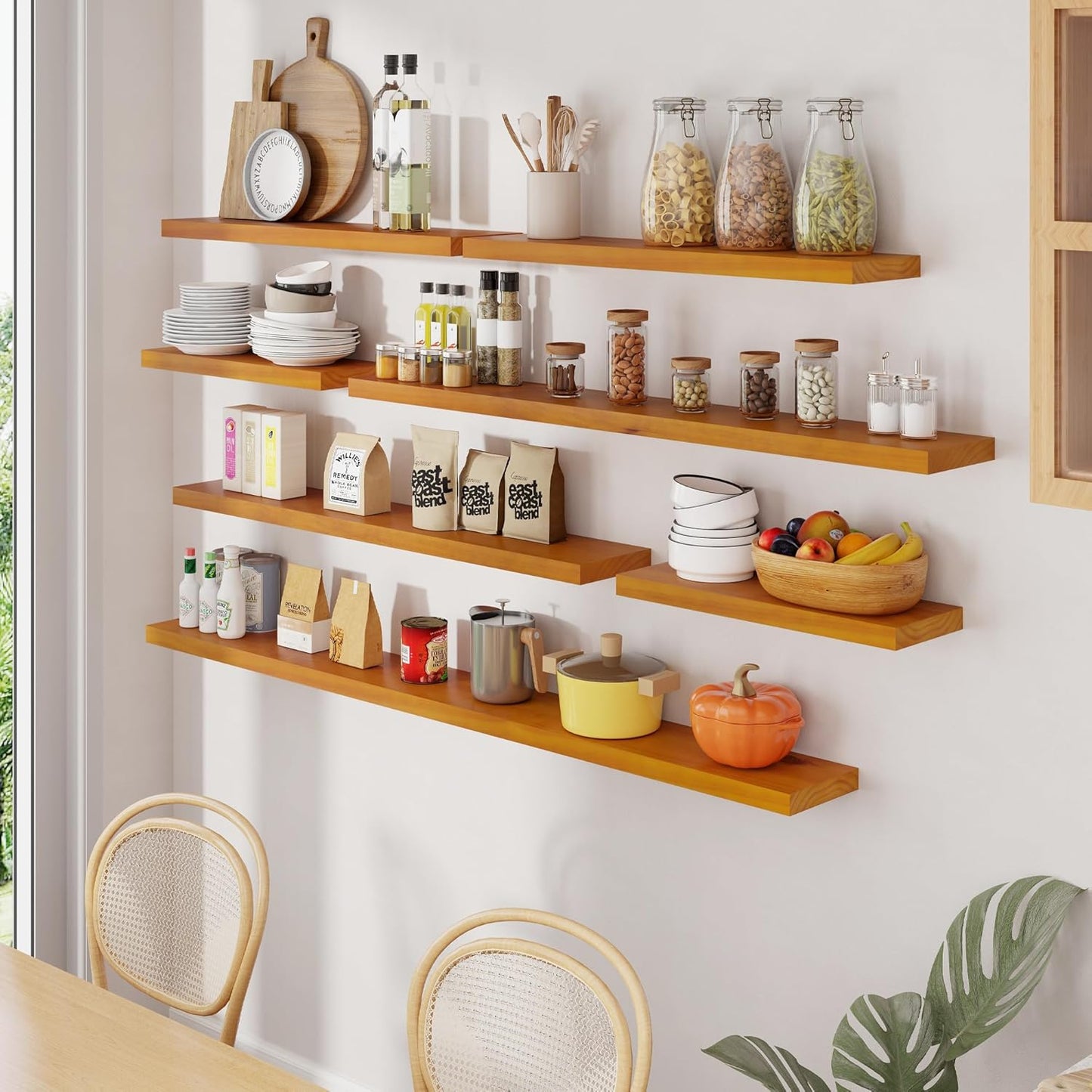 Floating Shelves 36 Inches Long - 8 Inch Deep Rustic Premium Solid Pine Wood for Storage - Farmhouse Wall Mounted for Living Room - Heavy-Duty Metal Bracket - 36" W x 8" D - Set of 2 - White Color