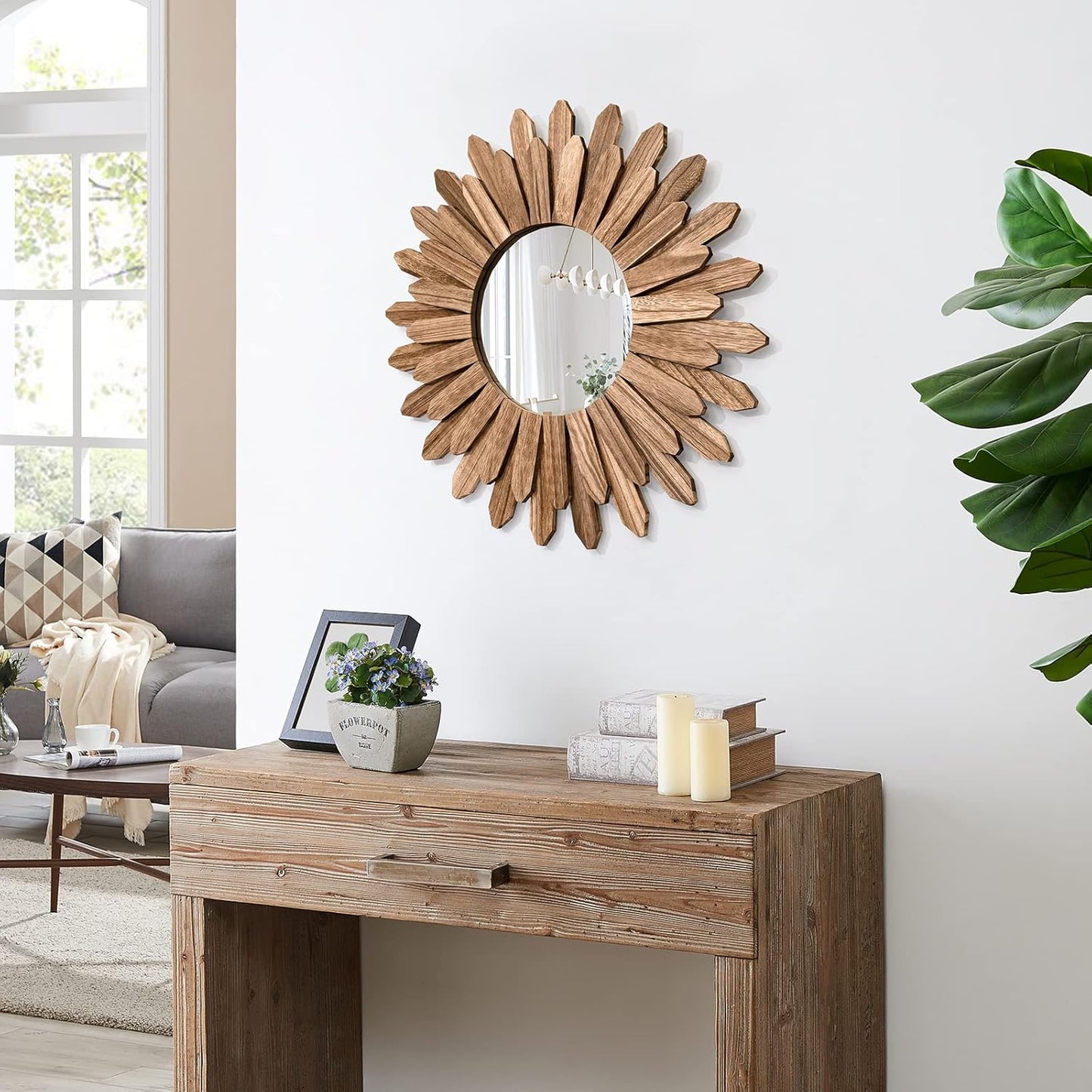 Honiway Wall Mirror Decorative 12 inch Rustic Wood Mirror Sunburst Boho Mirror for Entryway Bedroom Living Room Bathroom House Warming Gifts New Home Essential Carbonized Black