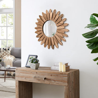 Honiway Wall Mirror Decorative 12 inch Rustic Wood Mirror Sunburst Boho Mirror for Entryway Bedroom Living Room Bathroom House Warming Gifts New Home Essential Carbonized Black