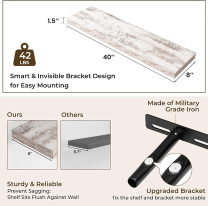 RICHFOCUS 72Inch Floating Shelves for Wall 2 Pack Shelves for Bedroom|Kitchen|Bathroom Wall Mounted Rustic Wood Floating Shelf with Invisible Brackets for Books|Storage|Decor, Rustic Brown