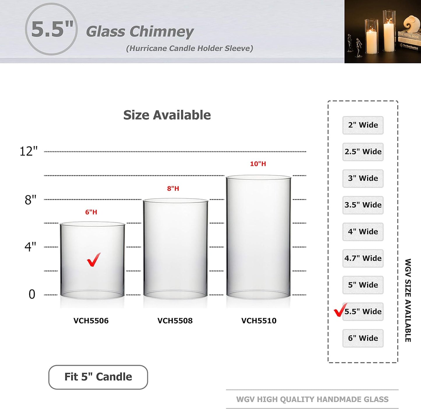 WGVI Hurricane Candle Holder Sleeve, Wide 4", Height 8", Clear Glass Cylinder Candleholder, Chimney Tube, Open Ended Candle Shade, 1 Piece - Colors A