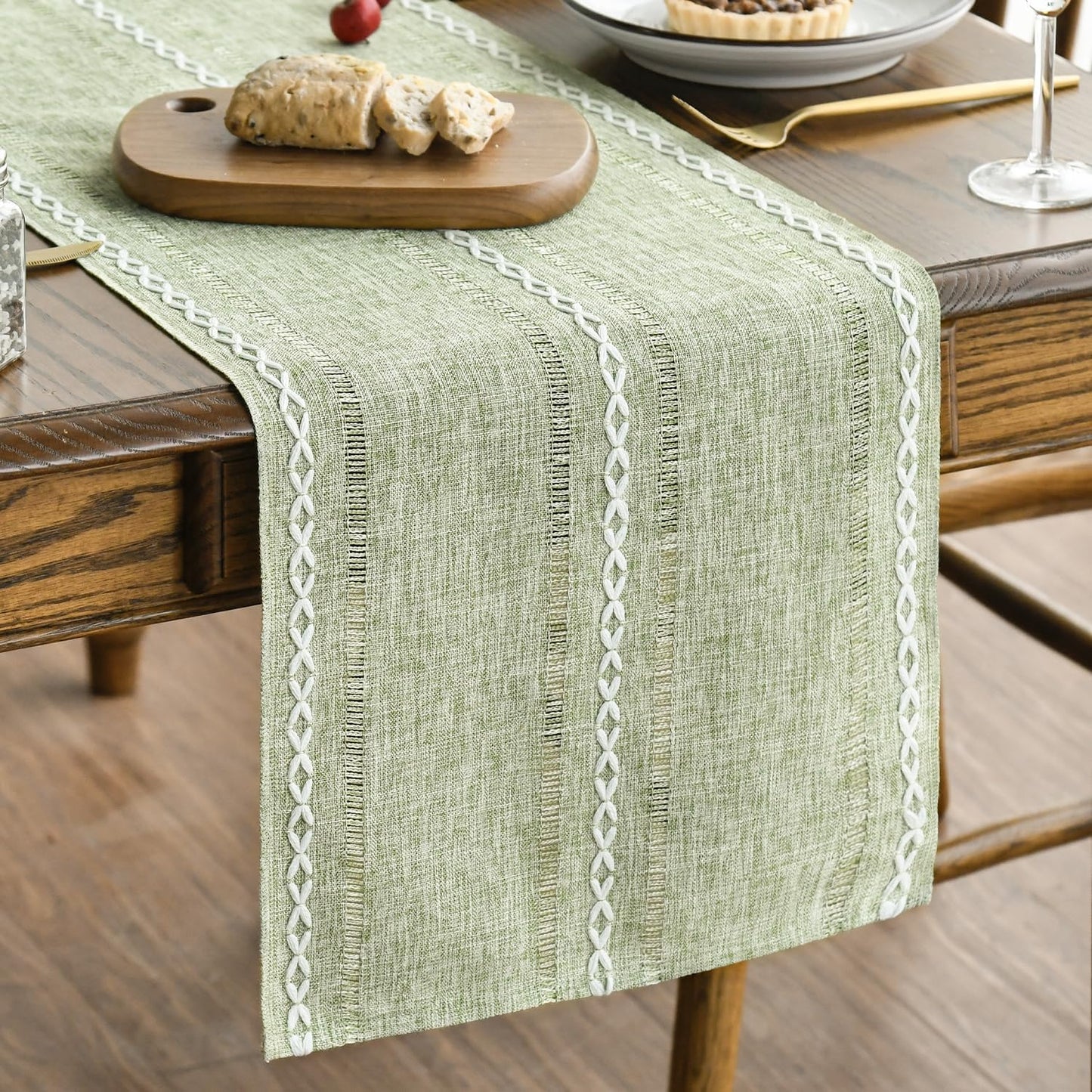 Artoid Mode Beige Rustic Cotton Linen Table Runner, Seasonal Embroidered Hollow Kitchen Dining Table Decoration for Home Party Decor 13x72 Inch