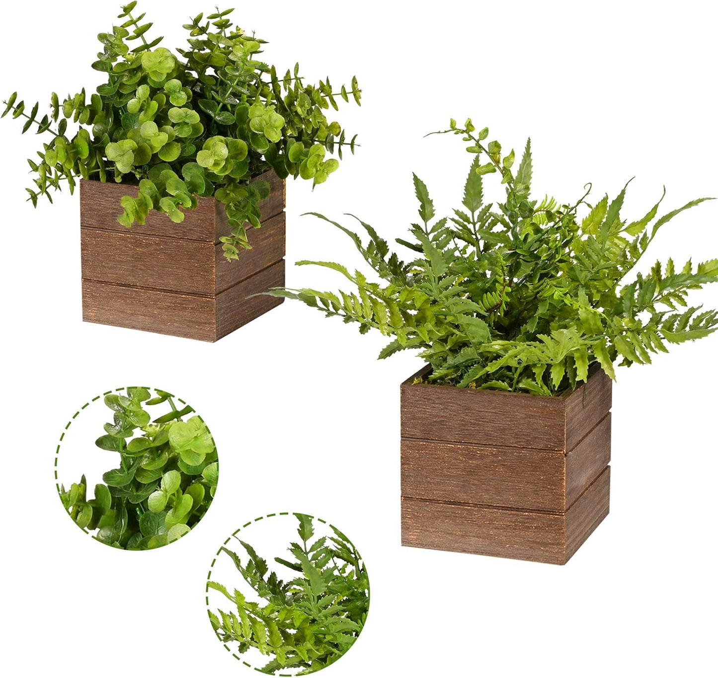 Vlorart Small Fake Plants, 2Pack Mini Potted Artificial Plastic Boxwood Fern Green Decorative Plant in Wooden Potted, Fake Desk Plant for Farmhouse Home Decor Office Bathroom Desk Room Indoor Outdoor