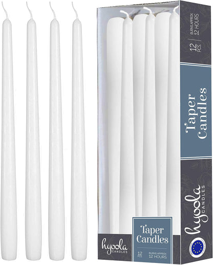 Hyoola 12 Pack Tall Taper Candles - 10 Inch White Dripless, Unscented Dinner Candle - Paraffin Wax with Cotton Wicks - 8 Hour Burn Time