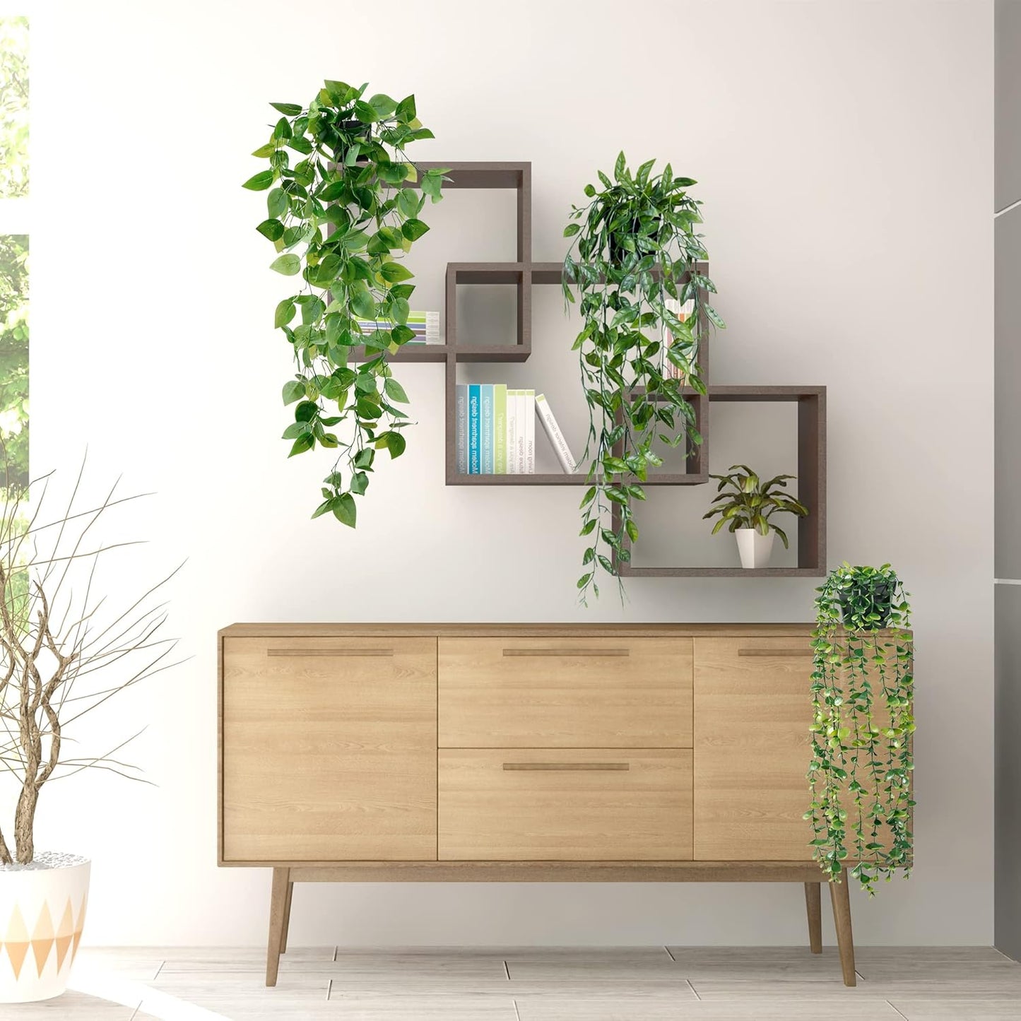 Sggvecsy Fake Hanging Plants 6 Pack Artificial Hanging Eucalyptus Plants Potted Greenery Faux Mandala Vine String of Pearls Boston Fern Ivy Vine Leaves Pea Pod for Home Indoor Outdoor Shelf Wall Decor