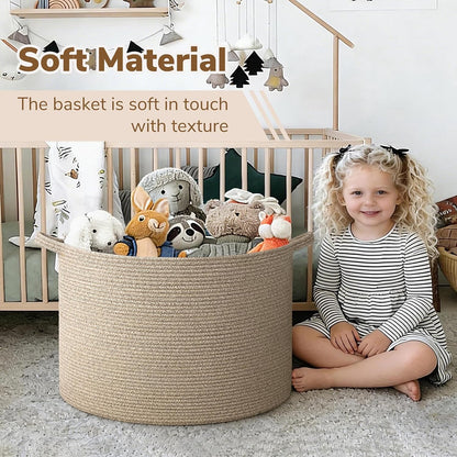 INDRESSME XXXLarge Blanket Basket for Living Room 21.7" x 21.7" x 13.8"-Storage Basket with Handle for Organizing Toy Pillows Woven Cotton Rope Laundry Basket Stuffed Animal Toy Storage for Play Room