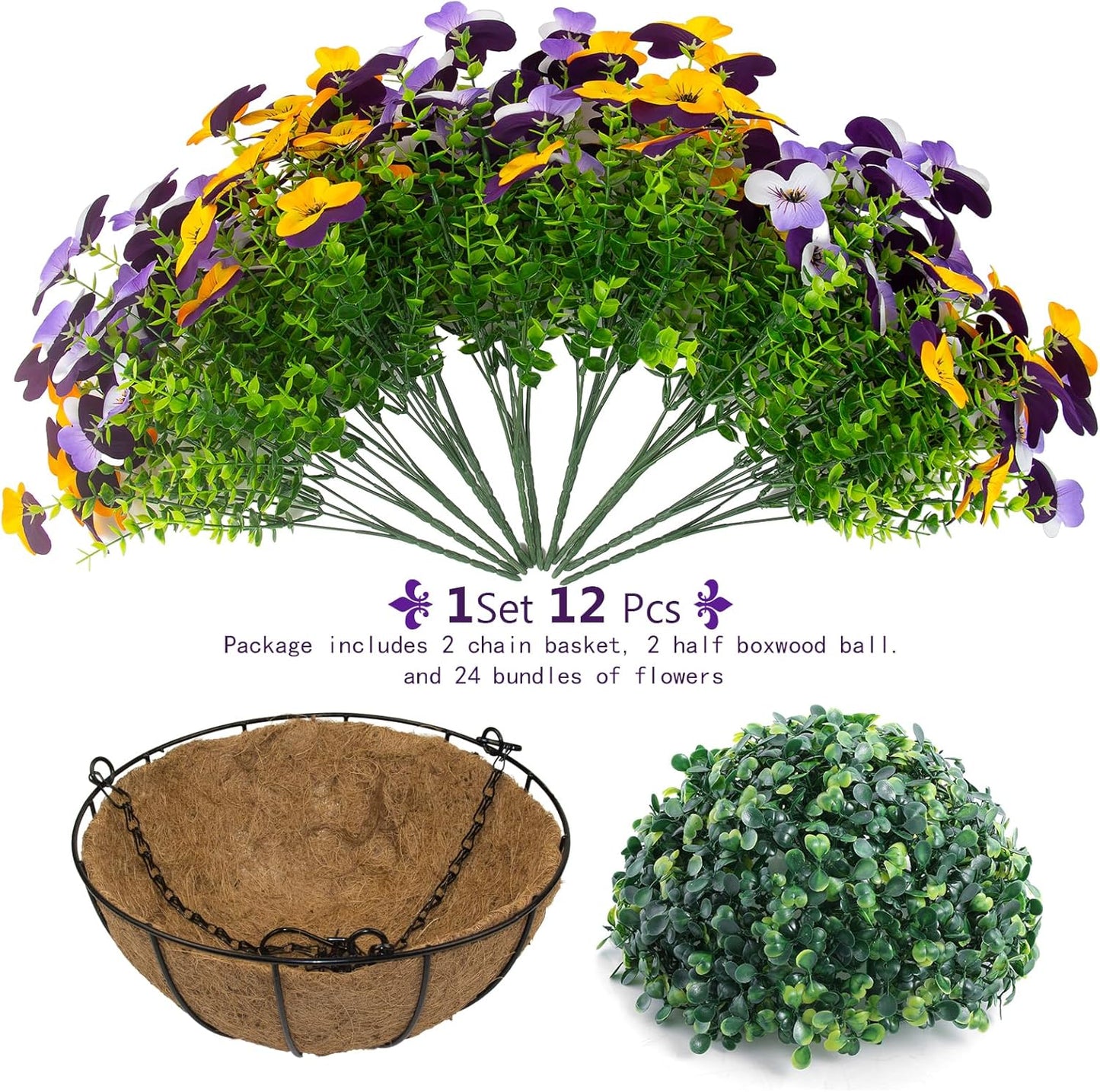 2 Set Artificial Outdoor Pansy Flowers with Hanging Baskets, 2 Hanging Baskets with 24 Pcs Silk Flowers for Spring Easter Decorations Porch Patio Home Decor (2, Purple, Yellow, White, Light Purple)