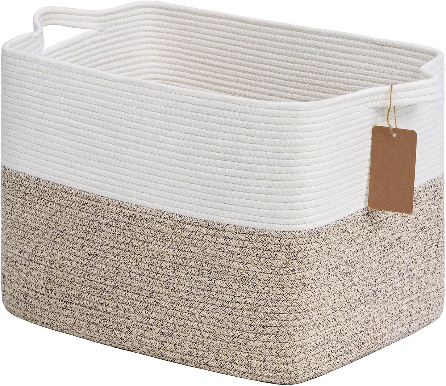 Goodpick Woven Storage Basket, Cotton Rope Basket for Dog Toys, Books, Stylish Gift Basket with Handles, 13 x 10 x 9 Inches Square Baskets for Organizing, Brown and White