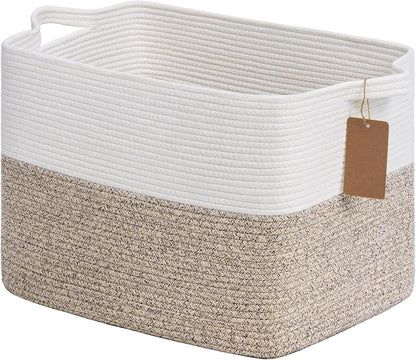 Goodpick Woven Storage Basket, Cotton Rope Basket for Dog Toys, Books, Stylish Gift Basket with Handles, 13 x 10 x 9 Inches Square Baskets for Organizing, Brown and White