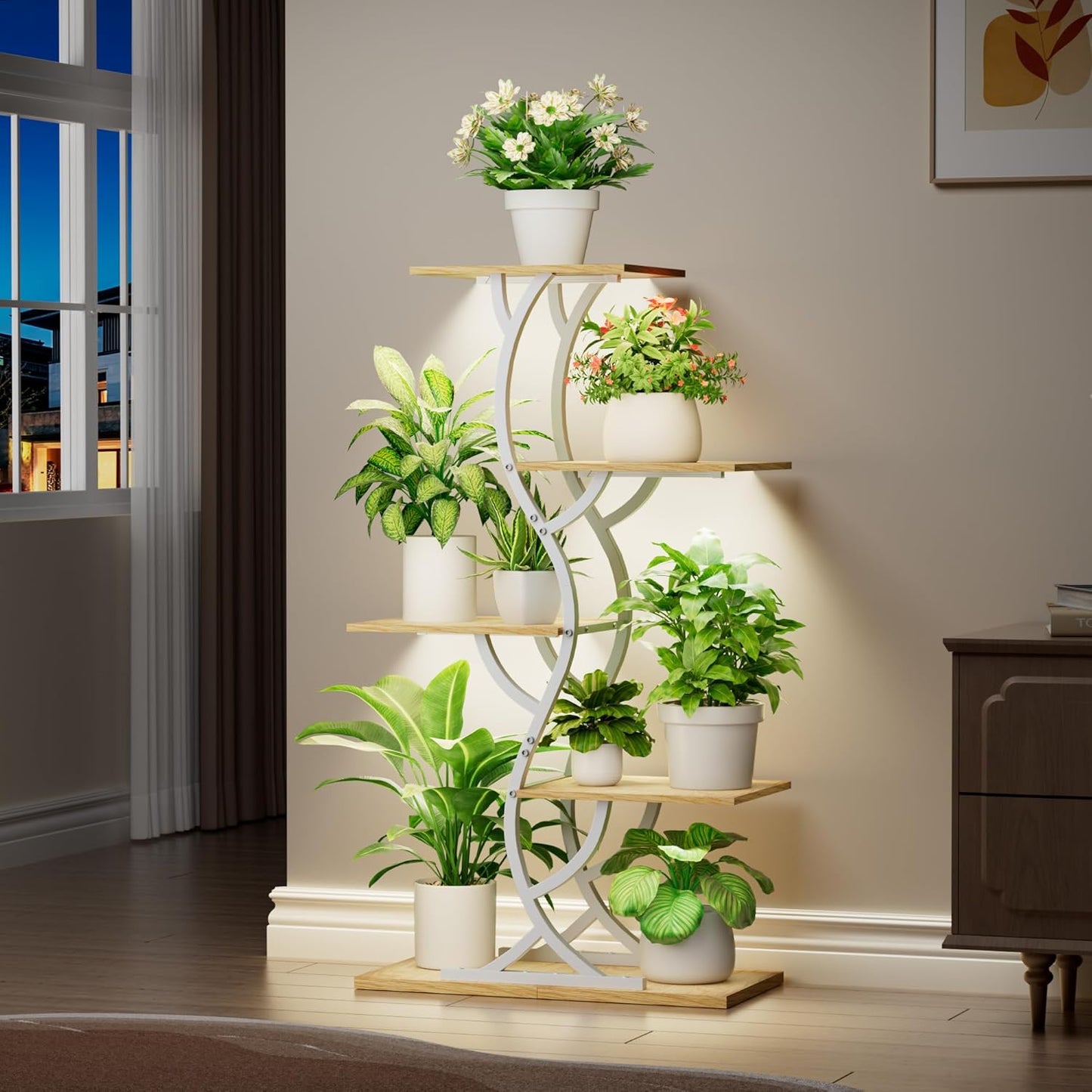 Plant Stand Indoor with Grow Lights - 44" Tall Corner Plant Stands for Indoor Plants, 5 Tiered Metal Plant Shelf, Curved Plant Flower Holder Dispaly Rack for Living Room, Home Patio Balcony (Black)