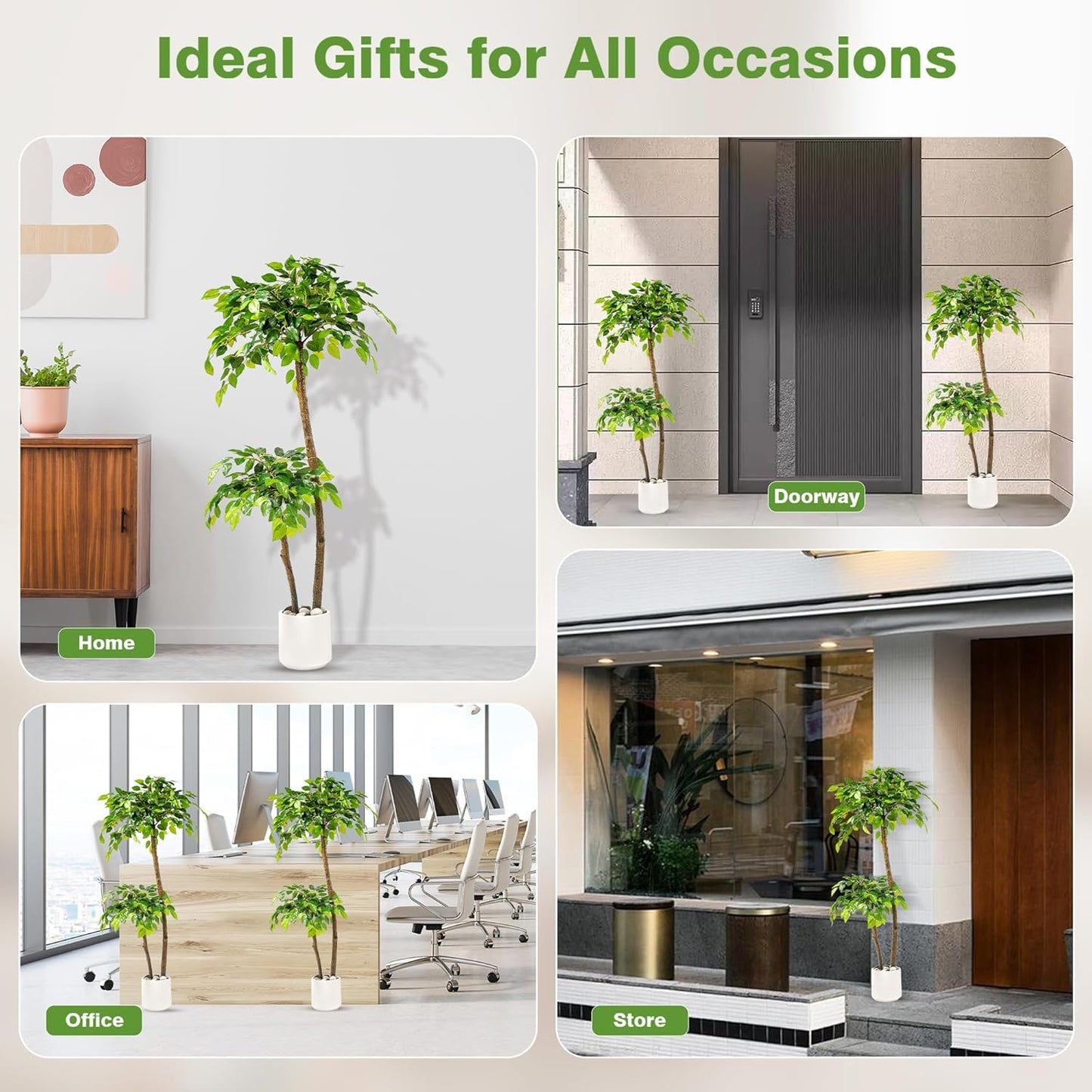 5FT Artificial Ficus Tree with White Planter and Pebbles,Faux Silk Tree with Lifelike Leaves and Realistic Trunk,Tall Fake Potted Plant for Home and Office Décor Indoor and Outdoor (5FT)