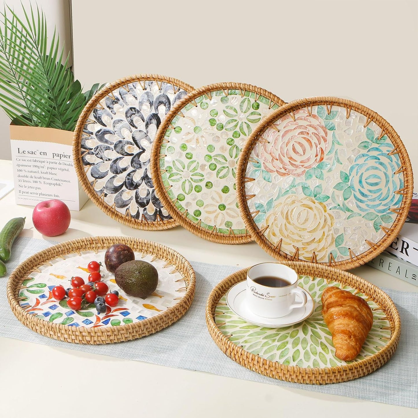 Round Rattan Tray with Mother of Pearl Inlay, Decorative Wicker Serving Tray with Wooden Base, Woven Basket Trays for Bread Fruits Coffee, Leaf