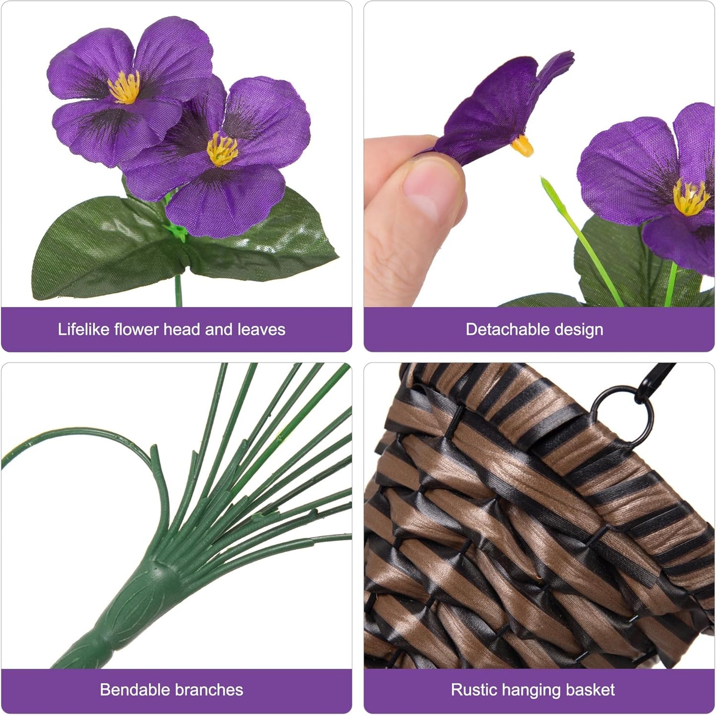 HyeFlora Artificial Flowers for Outdoors, 2pcs Faux Silk Pansies Flowers UV Resistant Fake Hanging Flower Plants for Outside Planters Porch Yard Patio Window Box (Mix Purple)
