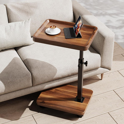 C Table End Table Adjustable Height, 360°Swivel TV Tray Table for Small Spaces, Side Tables with Wheels for Living Room and Bedroom, Bed (Walnut)