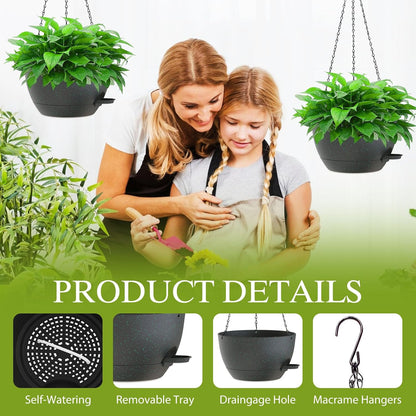12 Inch Hanging Baskets 2 PC with Chains, Self-Watering Hanging Planters for Indoor Outdoor Plants, Plastic Hanging Flower Pots,Black