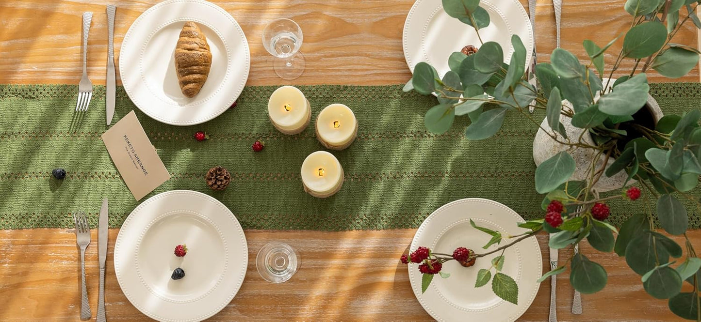 Keketoarrange Boho Sage Green Table Runner for Summer Home Decorations 12x72 Inches Farmhouse Small Macrame Woven Burlap Rustic Coffee Dresser Dining Kitchen Centerpiece Bohemian Decor