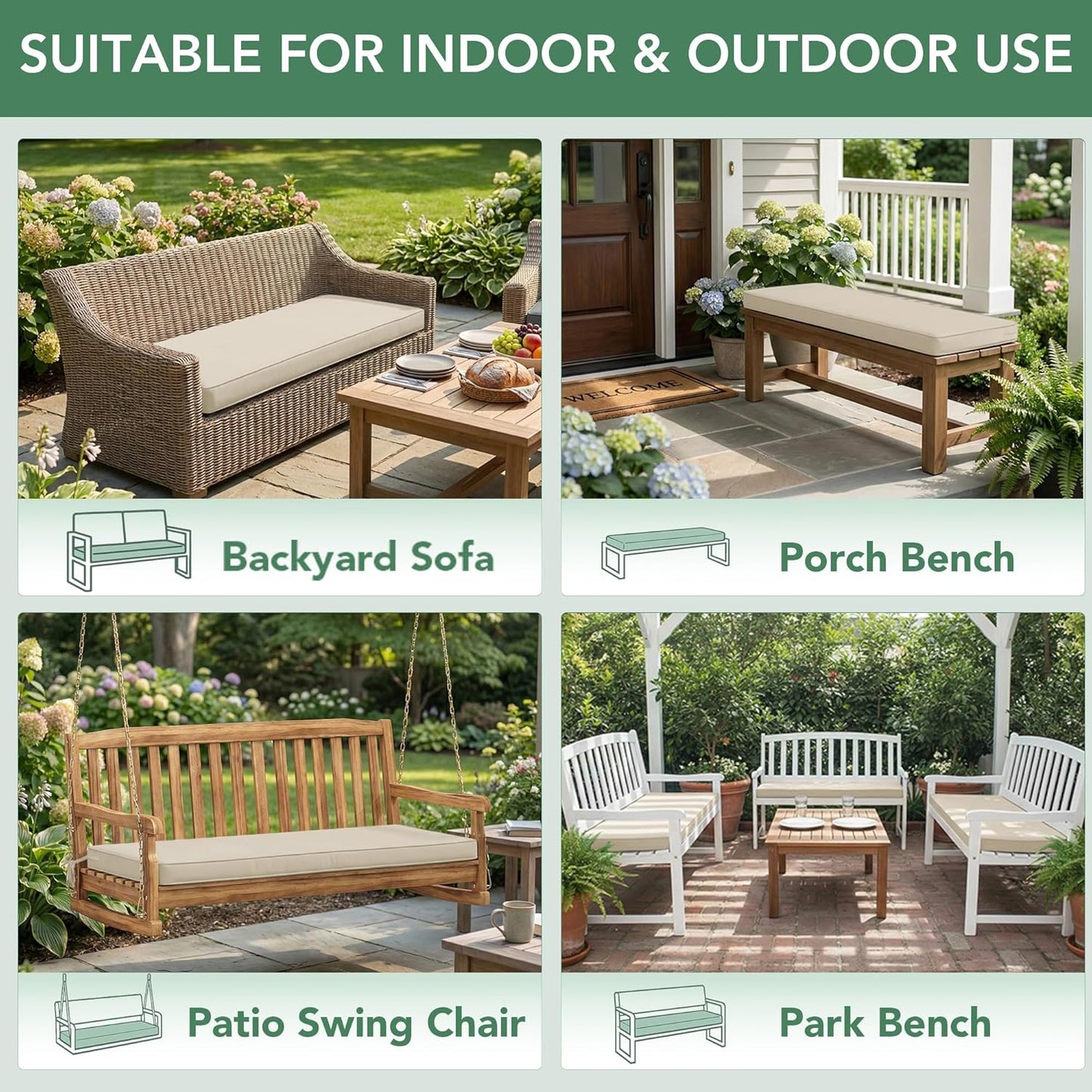 Summsun Outdoor Bench Cushion: Waterproof and Fade Resistant Patio Furniture Cushions - Non-Slip Bench Pad Cushion with Removable Cover for Garden Swing Porch Sofa Settee, 48 x 18 x 3 Inch, Black